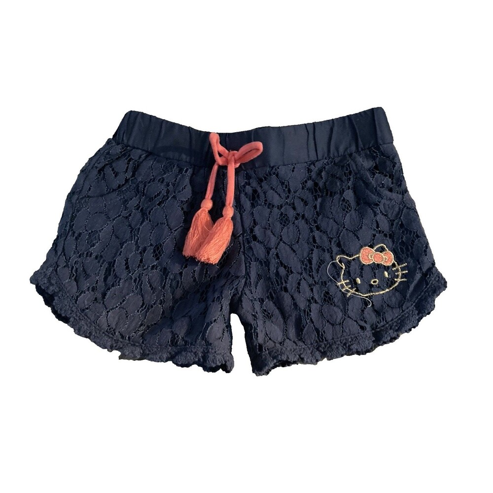 Hello Kitty Shorts Girls 3T Blue Lace Overlay Coral Pink Tie Gold Kitty Pockets